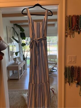 Vineyard Vines Blue and White Vertical Stripe Maxi Dress with Waist Sash